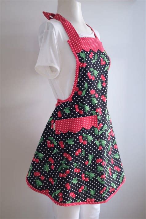 handmade large x large polka dots cherry apron for women retro rockabilly vintage style