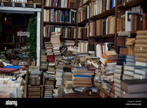 Paris France Inside Old Book Shop In Latin Quarter Piles Of Books