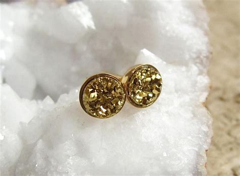 Tiny Gold Druzy Earrings Drusy Quartz Studs Vermeil Bezel Set Etsy