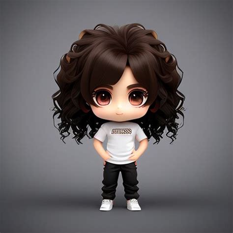 Short Slug488 Chibi 3d With Very Long Black Curly Hair Pants And T
