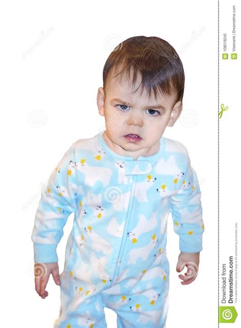 Boy Toddler With Funny Serious Confused Look On His Face Stock Photo