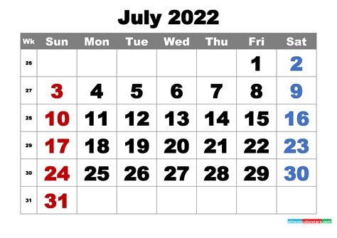 Printable July 2022 Calendar Printable Word Searches