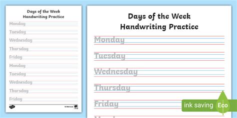Days Of The Week Handwriting Tracing Practice Worksheets