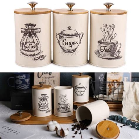 Preserve your cooking and baking supplies in a beautiful, modern styled small glass storage canister with wood lid from threshold™. 3Pcs Retro Tea Coffee Sugar Canisters Jars Pots Tins Kitchen Storage Container | Rótulos para ...