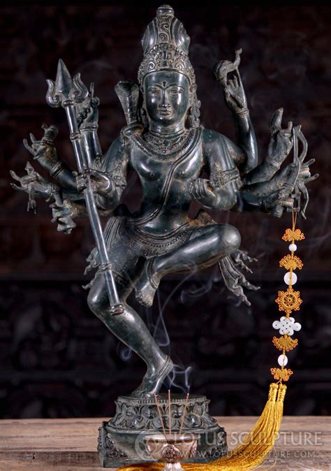 Brass Dancing Shiva Statue With 10 Arms Holding A Trident With Antique Green Patina 24