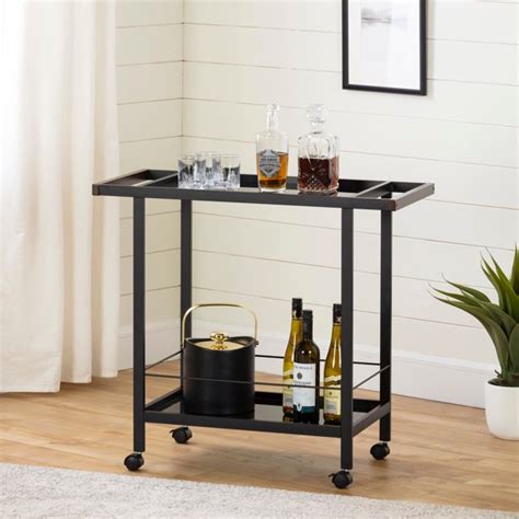 This gold metal bar cart has two mirrored tempered glass shelves, two handles, and four locking caster wheels for easy mobility. South Shore City Life Black Metal Bar Cart on Wheels ...