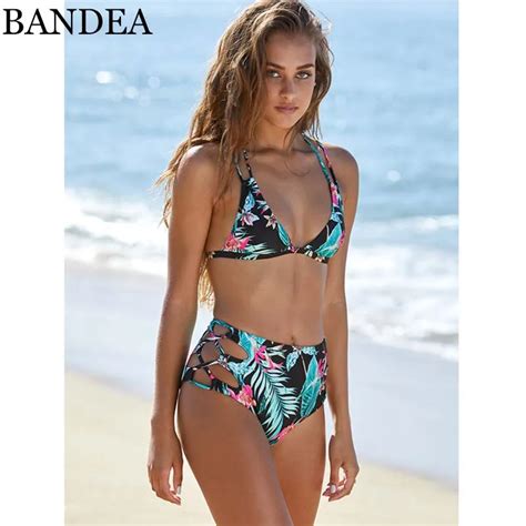 bandea sexy bikini women vintage floral print swimwear high waist swimsuit cut out bathing suit