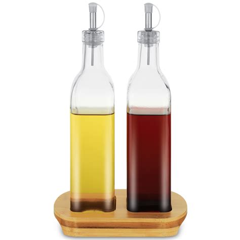 Oil Vinegar Dispenser Bottle Set With Bamboo Stand KOVOT