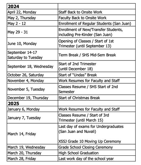 Important Dates for SY 2024-2025