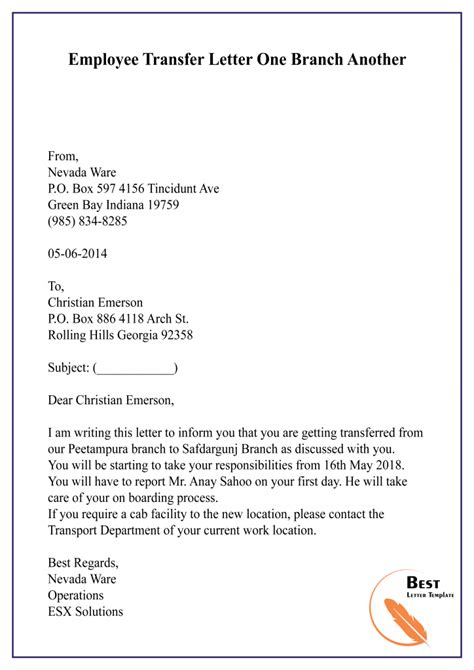 5 Free Transfer Letter For Employee Format Sample And Example
