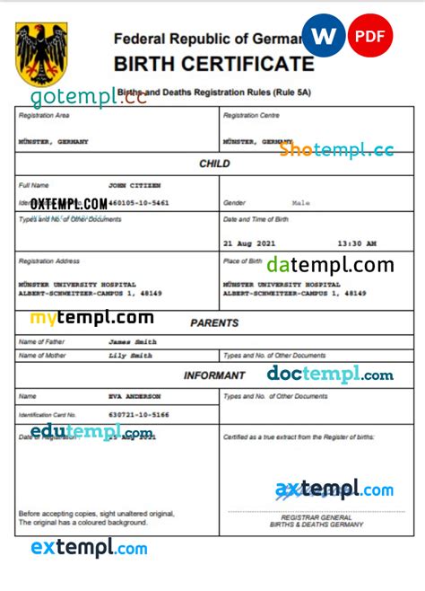 germany birth certificate word and pdf template completely editable