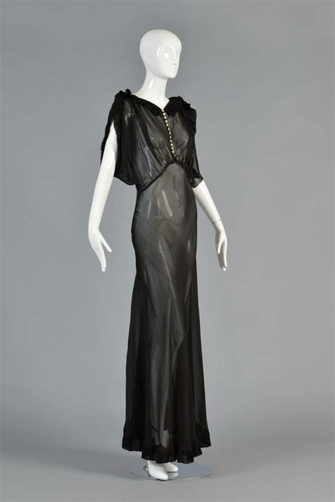 1930s Black Sheer Evening Gown With Open Draped Sleeves 1930s In