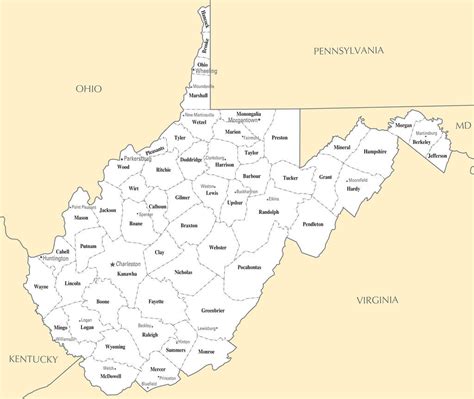 Map Of West Virginia Wv County Map With Selected Cities And Towns