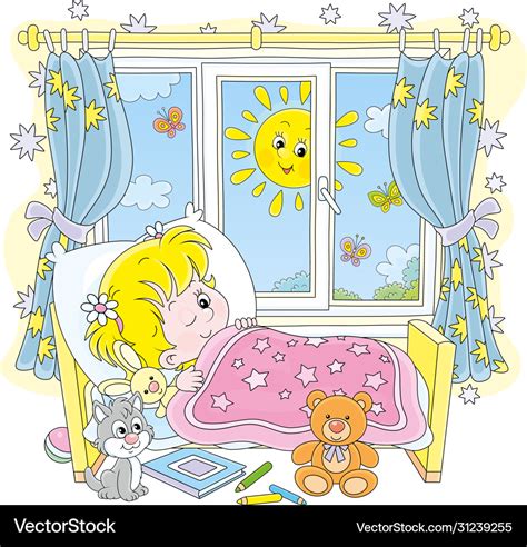 Little Girl Waking Up On A Bright Sunny Morning Vector Image