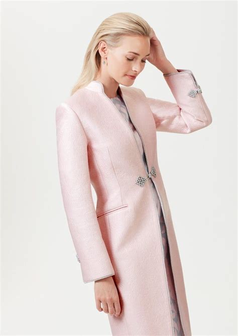 Silk Dress Coat In Pale Petal Pink Silk Brocade With Pale Grey Cord