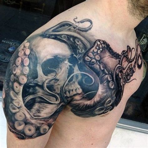 Realistic looking octopus done on girl's side. 3D realistic black and white octopus with skull tattoo on ...