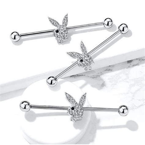 Clear Cz Paved Playboy Bunny With Black Gem Eye Industrial Barbell