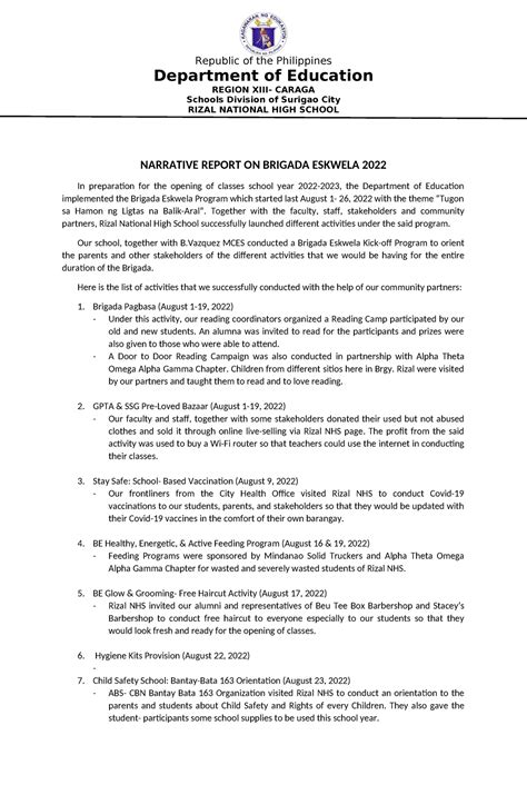 Narrative Report On Brigada Eskwela 2022 Republic Of The Philippines