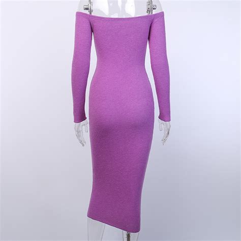 Wholesale S L Women Sexy Solid Color Off Shoulder Long Sleeve Knitted Midi Dress
