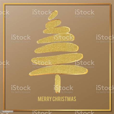 Hand Drawn Gold Glittering Pine Tree Christmas And New Year Greeting