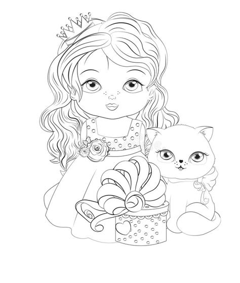 Baby Princess And Cat With T Coloring Book Stock Vector