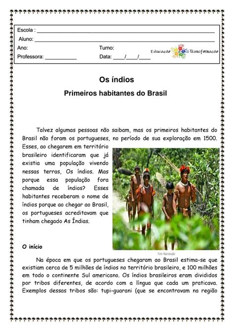 Atividades Sobre Os Primeiros Moradores Do Brasil 3 Ano