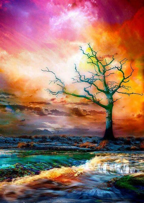 Cool Barren Landscape With Colorful Sunset Painting By Night Walker