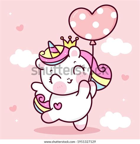 Cute Unicorn Vector Princess Pegasus Holding Heart Balloon Pastel Sky