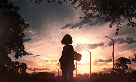 1336x768 Anime Girl With Flowers Looking Towards Sunset Laptop Hd Hd