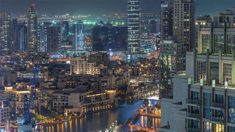 Amazing Aerial View Of Dubai Downtown Skyscrapers Night Timelapse