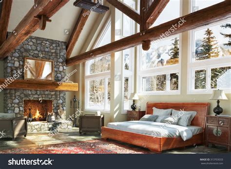 Luxurious Open Floor Cabin Interior Bedroom Stock