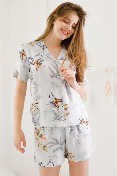 Satin Floral Print Button Down Short Sleeve Pajama Set 3 10 Short