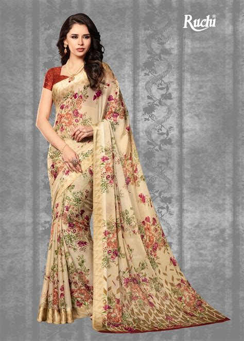 Ruchi Blue Cherry Designer Floral Printed Chiffon Sarees Collection At Wholesale Rate