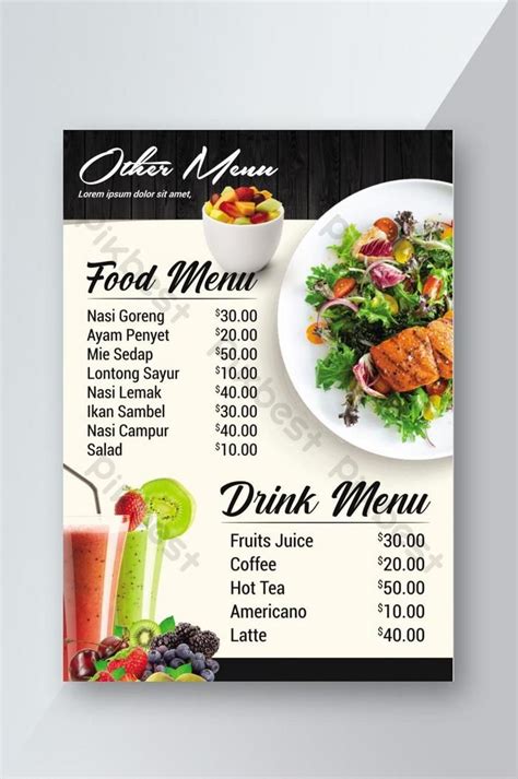 A Menu For A Restaurant With Food And Drinks On The Side Including Salads
