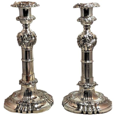 Antique Georgian Solid Silver Pair Of Cast Candlesticks E Farrell