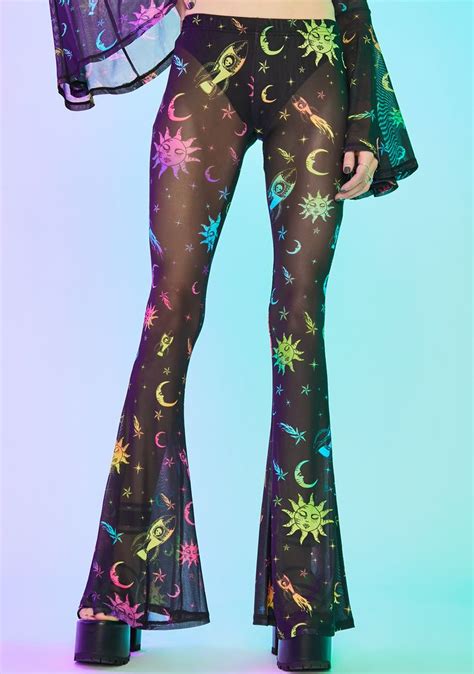 Current Mood Rainbow Celestial Print Mesh Flared Pants Boho Outfits Hippie Lace Up Leggings