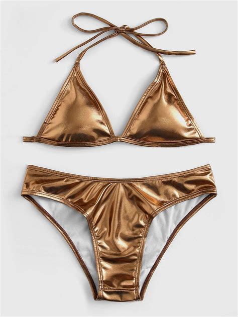 Gold Metallic Triangle Halter Top Swimsuit With Bikini Bottom Bikinis