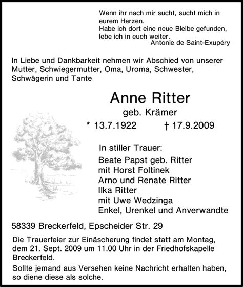 Traueranzeigen Von Anne Ritter Trauer In Nrw De