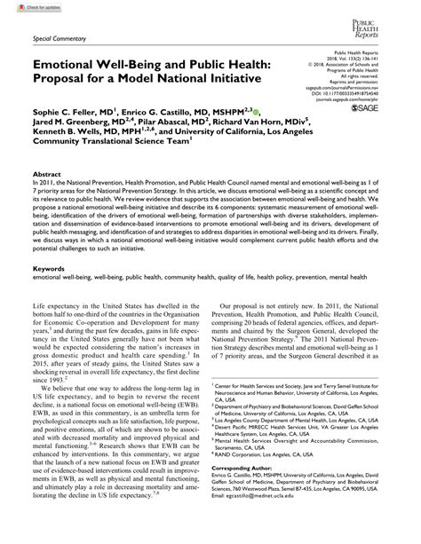Pdf Emotional Well Being And Public Health Proposal For A Model