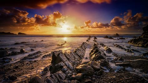 Wallpaper Nature Coast Sea Sunset Sky Clouds Rock Stones