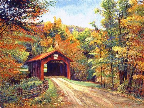 The Red Covered Bridge By David Lloyd Glover Covered Bridge Painting