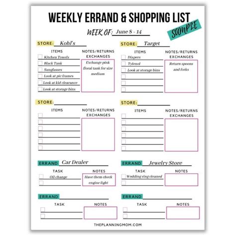 Best Way To Organize Your Weekly Errand And Shopping List Printable