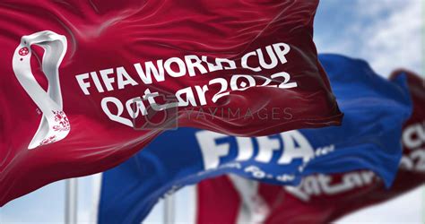 Doha Qatar April 2022 Flags With Fifa And Qatar 2022 World Cup Logo