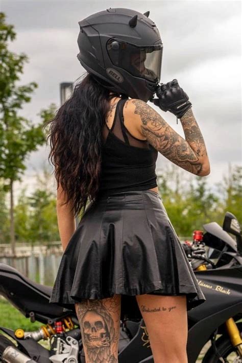 Hot Tattooed Biker Girl In A Black Bell Helmet With Cool Horns Biker Girl Fashion Motorcycle