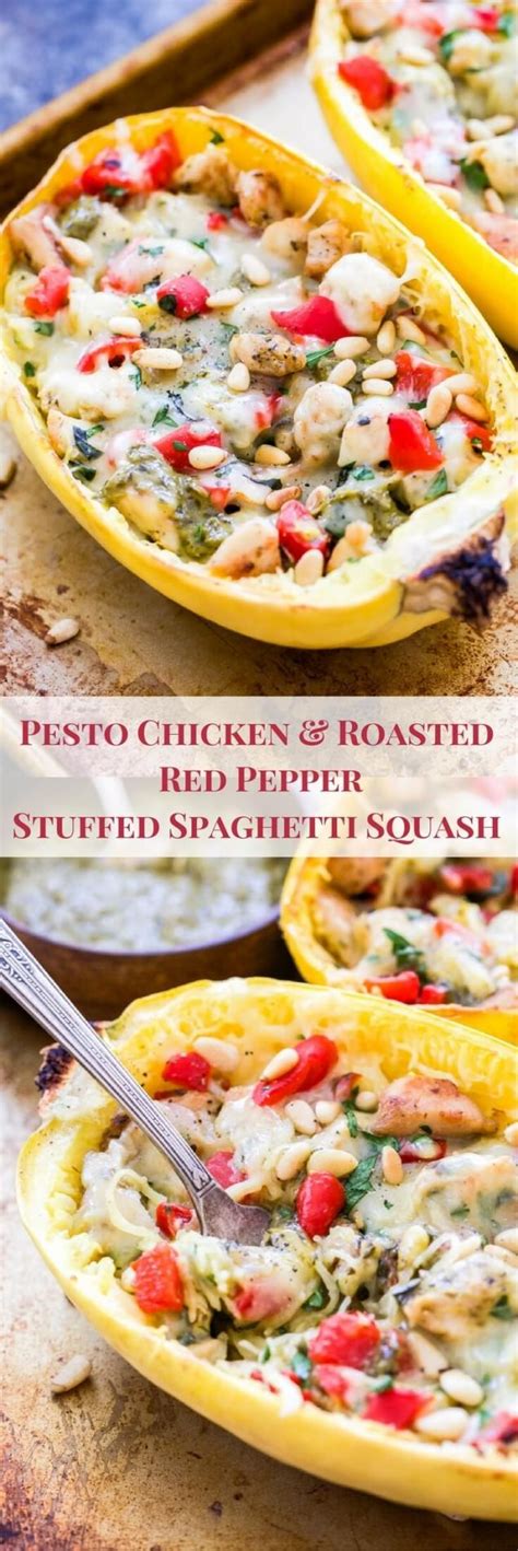 Pesto Chicken And Roasted Red Pepper Stuffed Spaghetti Squash Recipe