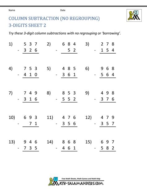 3 digit subtraction worksheets