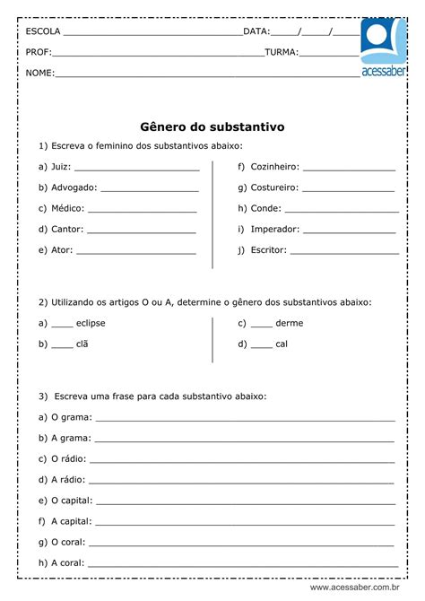 Exercícios Substantivos Epicenos Sobrecomum Comum Dois Gêneros Com Gabarito