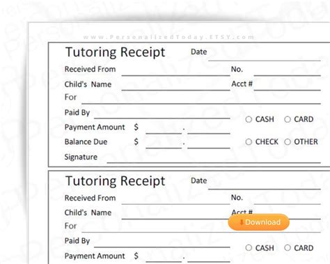 PDF Tutoring Receipt Printable and Fillable PDF Digital Download US