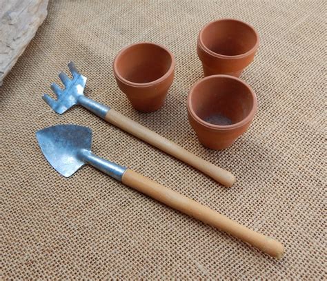 3 Mini Terra Cotta Pots And Small Wood Handle Gardening Tools 1 34