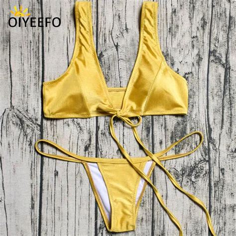 Oiyeefo Strappy Shiny Yellow Bikini Brazilian Sexy G String Gold Bathing Suits Women Bright